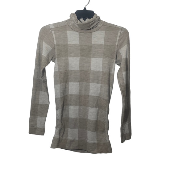 Athleta Small Beige Plaid Stretch‎ Turtleneck Long Sleeve Thumb Holes - Picture 3 of 4